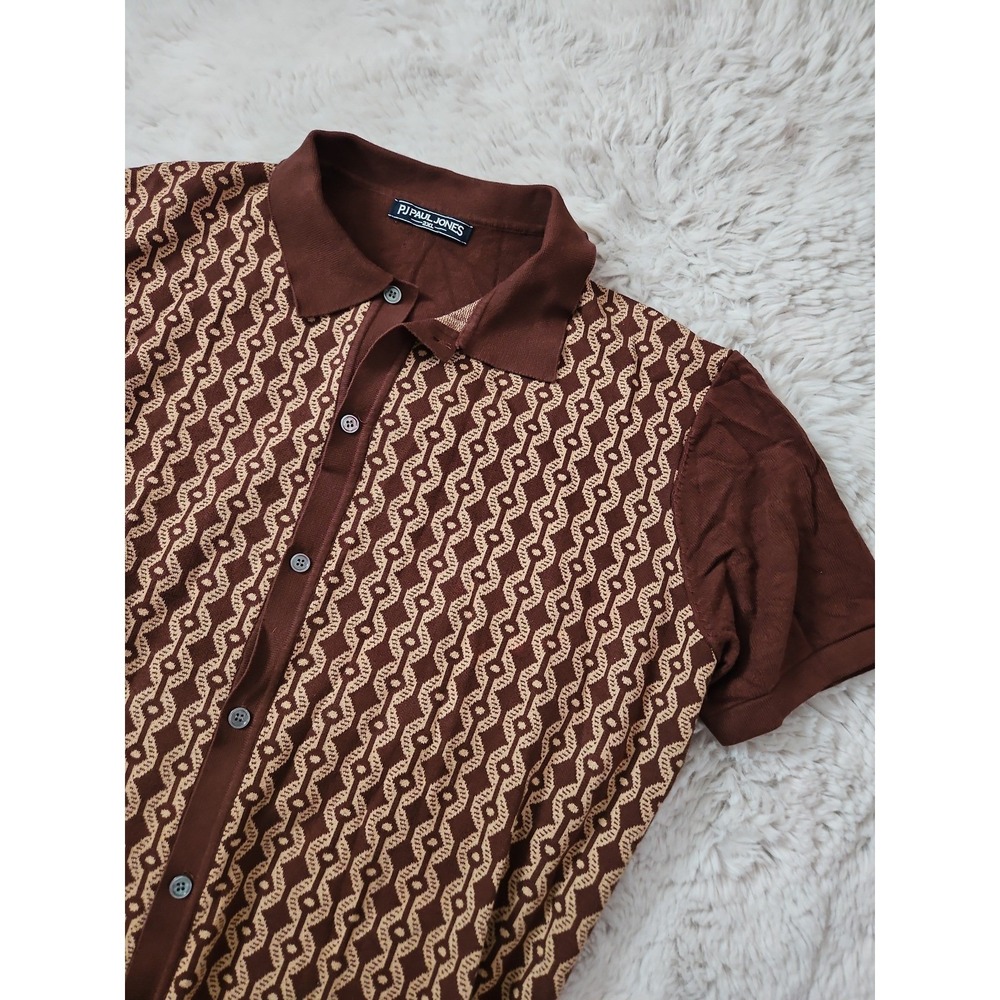 PJ Paul Jones Brown Retro Knit Geometric Button Polo Shirt Size 2XL
